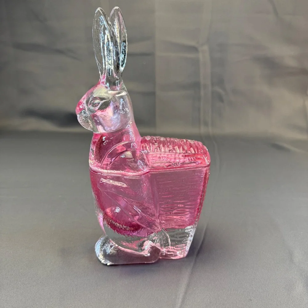 Vintage Pink Glass Bunny Rabbit Basket Candy Dish Heavy Easter Cottagecore Decor